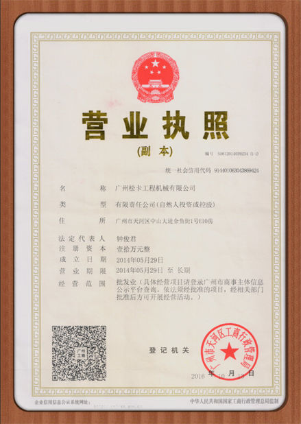 China Guangzhou Sonka Engineering Machinery Co., Ltd. Certificaten
